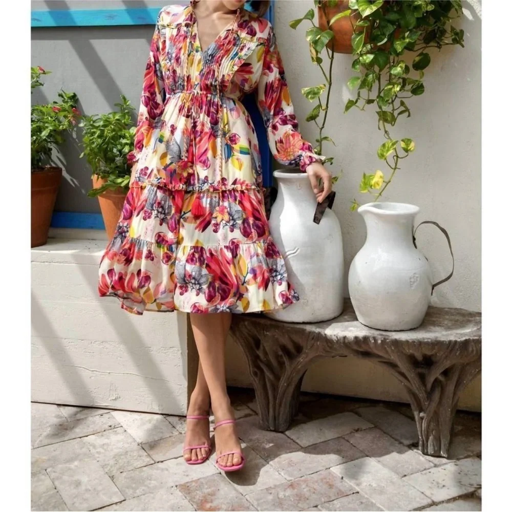 TAJ by Sabrina Crippa Baxeda Dress Fig & Florals Embroidered‎ Tiered Sz Medium - Picture 2 of 11